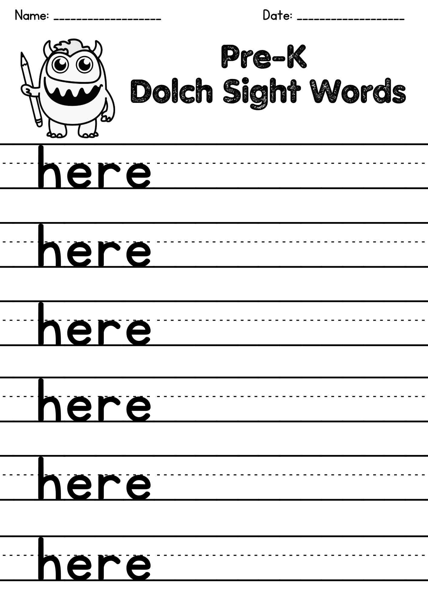 "here" Dolch Sight Word Writing Worksheets – Free PDF Download for Early Learners